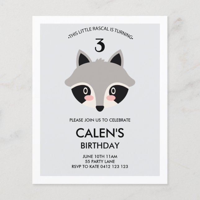 BUDGET Cute Racoon Rascal Minimalist Invitation (Front)