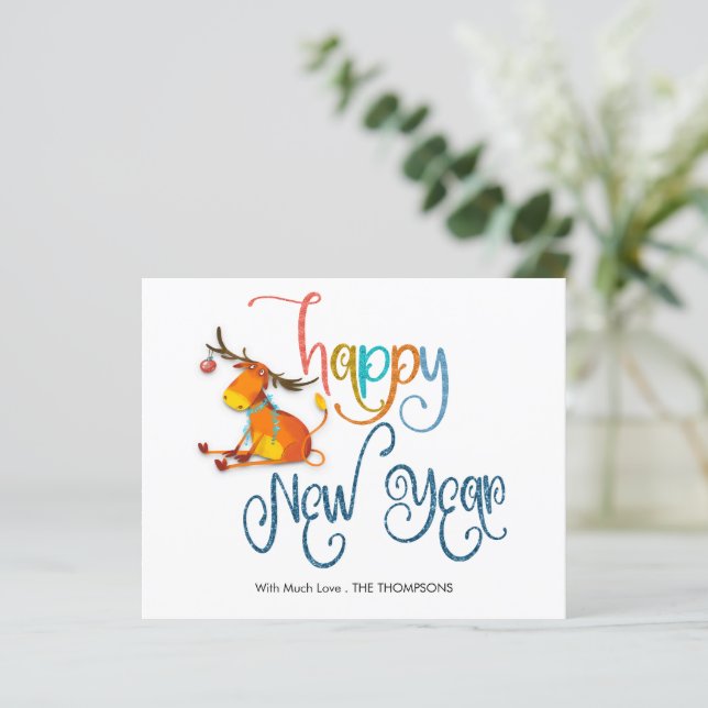 Budget Cute Reindeer Glitter Happy New Year Card (Standing Front)