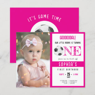 Budget Cute Soccer Photo Pink 1st Birthday Invite