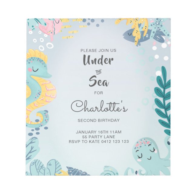 BUDGET Cute "Under The Sea" Seahorse Invitation Notepad (Front)