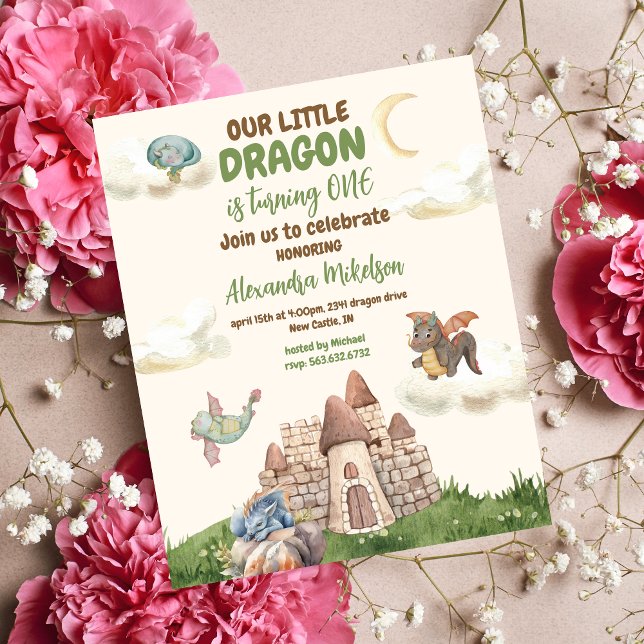 Budget Cute Watercolor Dragon Baby 1st Birthday Flyer (Creator Uploaded)