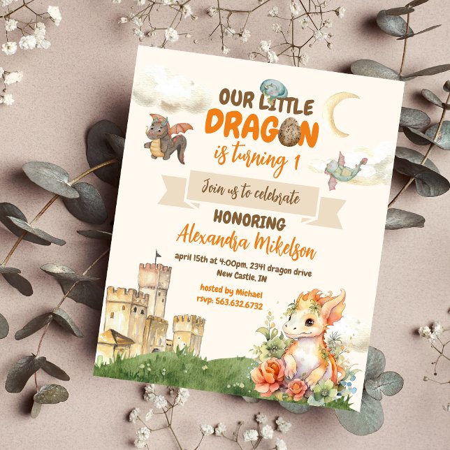 Budget Cute Watercolor Dragon Baby 1st Birthday Flyer (Create Magic with Cute Watercolor Dragon Baby 1st Birthday Invitation )