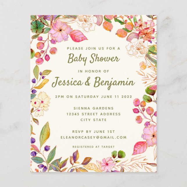 Budget Cute Watercolor Floral Baby Shower Invite (Front)