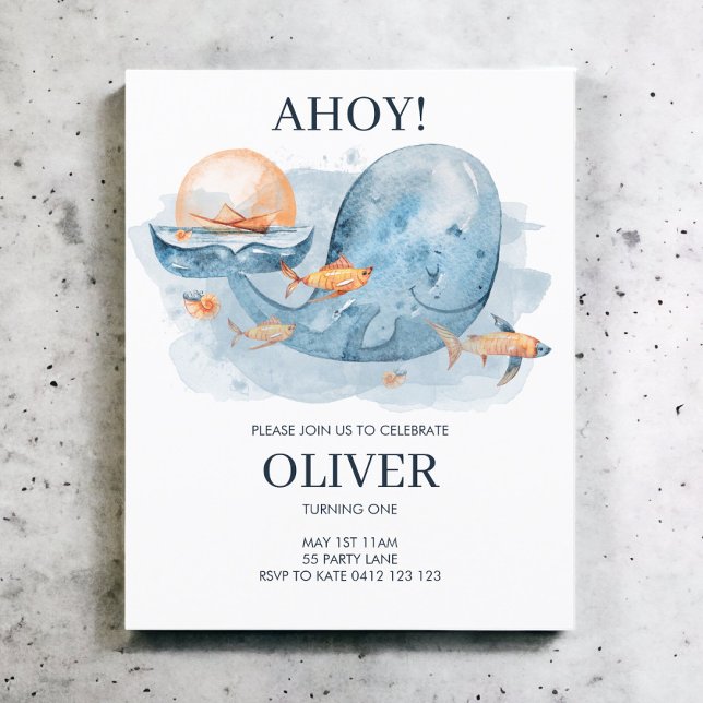 BUDGET Cute Watercolor Whale Birthday Invitation (Creator Uploaded)