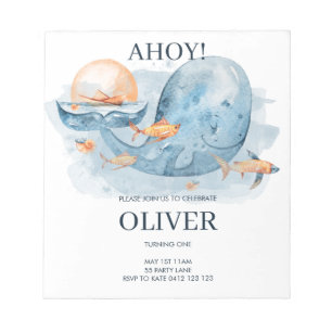 BUDGET Cute Watercolor Whale Birthday Invitation Notepad