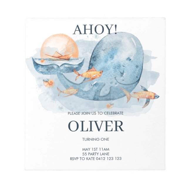 BUDGET Cute Watercolor Whale Birthday Invitation Notepad (Front)