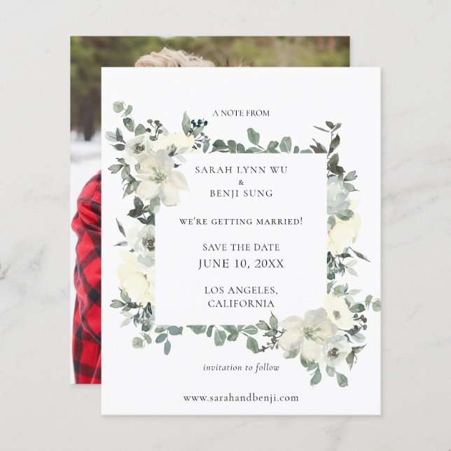 Budget D Blue & White Floral Save the Date Photo (Front/Back)