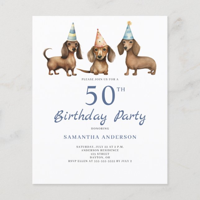Budget Dachshund Dog 50th Birthday Invitation Flyer (Front)