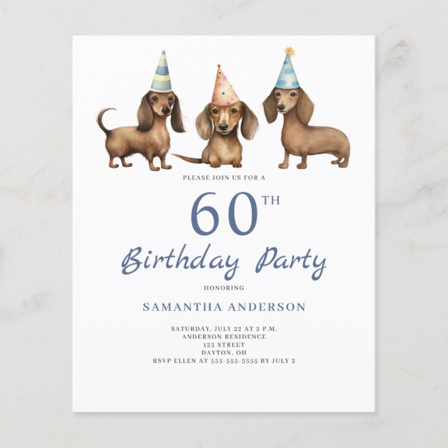 Budget Dachshund Dog 60th Birthday Invitation (Front)