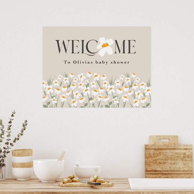 Budget daisy floral elegant baby shower welcome poster (Kitchen)