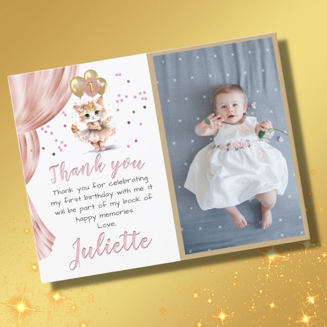 BUDGET Dancing Cat Photo First Birthday Girl  Thank You Card (Creator Uploaded)