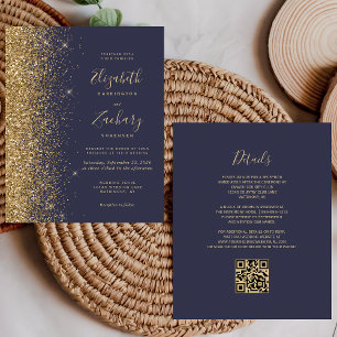 Budget Dark Blue Gold Glitter QR Code Wedding