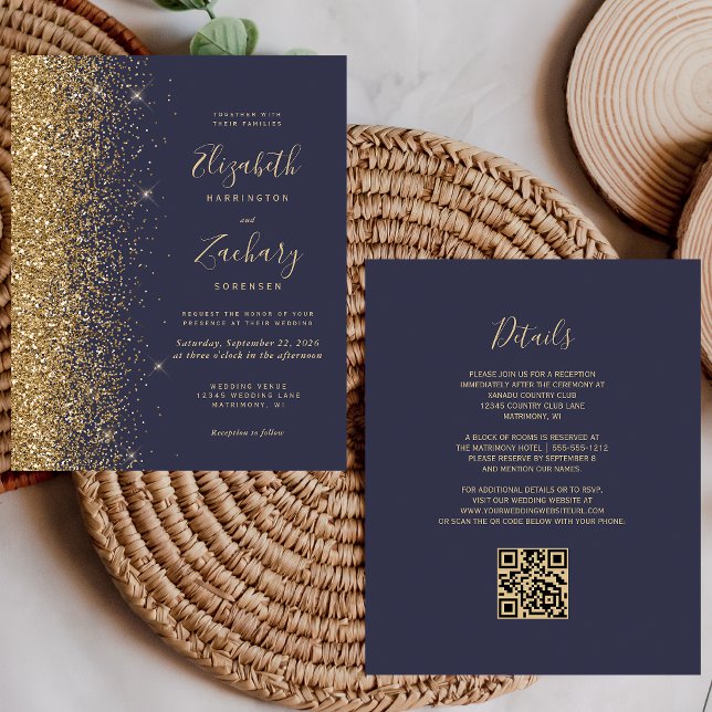 Budget Dark Blue Gold Glitter QR Code Wedding (Creator Uploaded)