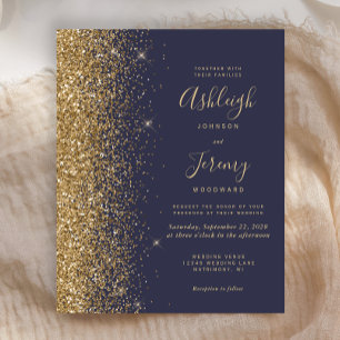 Budget Dark Blue Gold Glitter Wedding Invitation