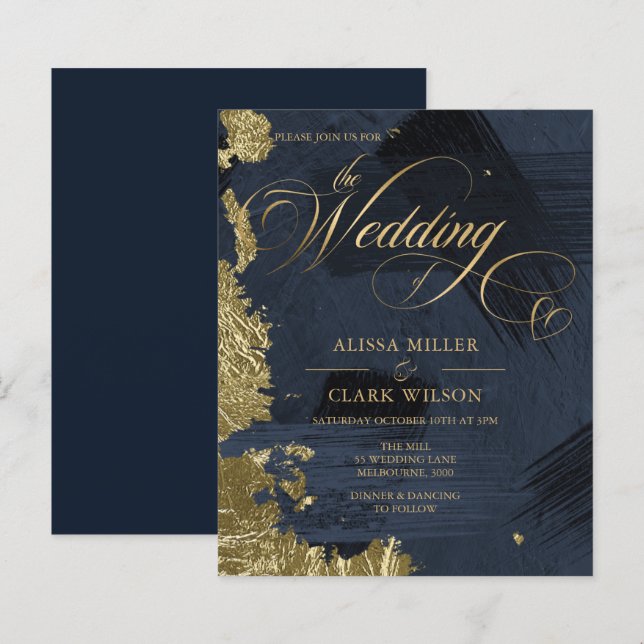 BUDGET Dark Blue, Gold Painterly Wedding Invitatio (Front/Back)