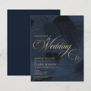 BUDGET Dark Blue, Gold Painterly Wedding Invitatio