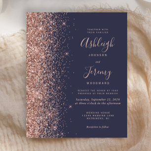 Budget Dark Blue Rose Gold Glitter Wedding Invite