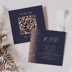 Budget Dark Blue Rose Gold Wedding QR Code RSVP Enclosure Card