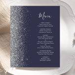 Budget Dark Blue Silver Glitter Edge Wedding Menu<br><div class="desc">The left-hand edge of this elegant modern wedding menu features a silver faux glitter border. The customisable text combines silver grey handwriting script and copperplate fonts on a dark blue background. The reverse side features a matching blue and silver design.</div>