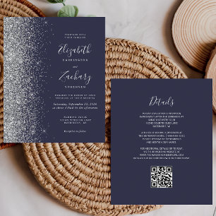 Budget Dark Blue Silver Glitter QR Code Wedding