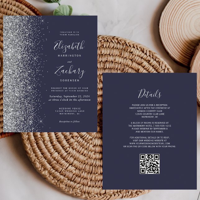 Budget Dark Blue Silver Glitter QR Code Wedding (Creator Uploaded)