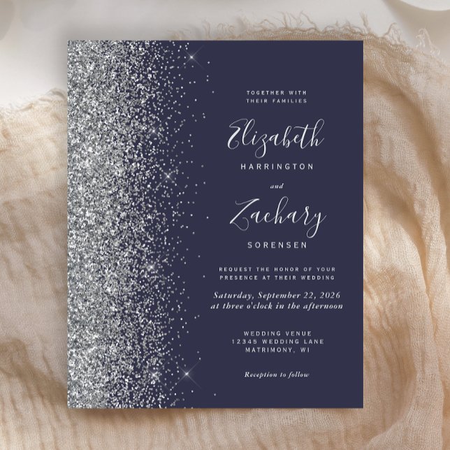 Budget Dark Blue Silver Glitter Wedding Invitation (Creator Uploaded)