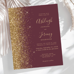 Budget Dark Burgundy Gold Glitter Wedding Invite