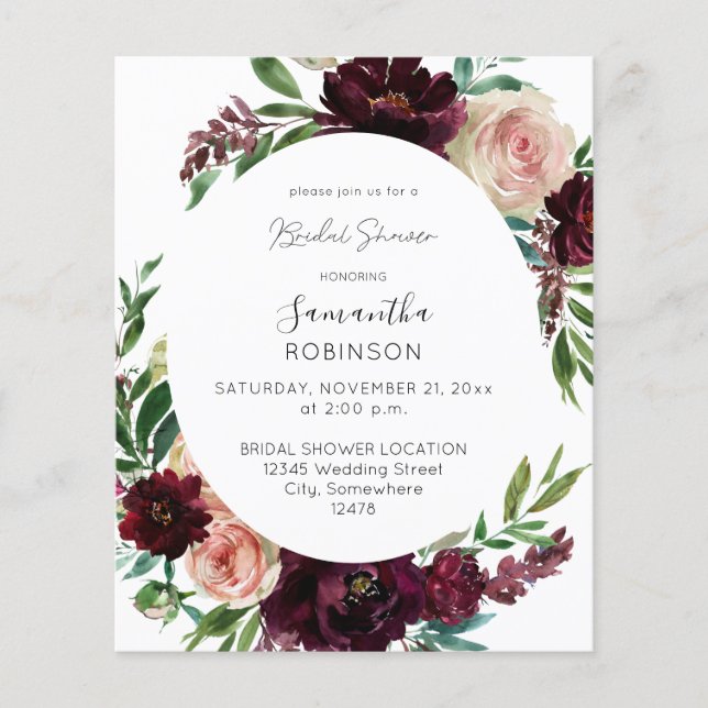 Budget Dark Burgundy & Pink Floral Bridal Shower Flyer (Front)