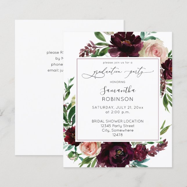 Budget Dark Burgundy& Pink Floral Graduation Party (Front/Back)