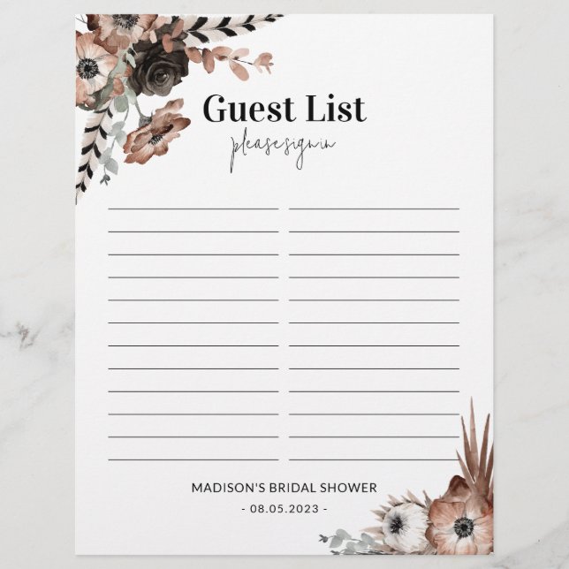 Budget Dark Florals Bridal Shower Guest Sheet (Front)