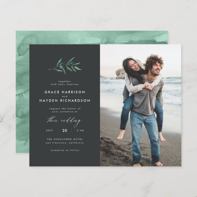 Budget Dark Green Branch Wedding Photo Invitation (Front/Back)