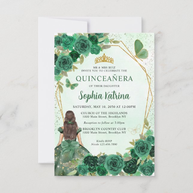 Budget Dark Green Gold Floral Princess Quinceañera Card (Front)