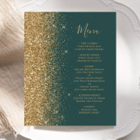 Budget Dark Green Gold Glitter Wedding Menu