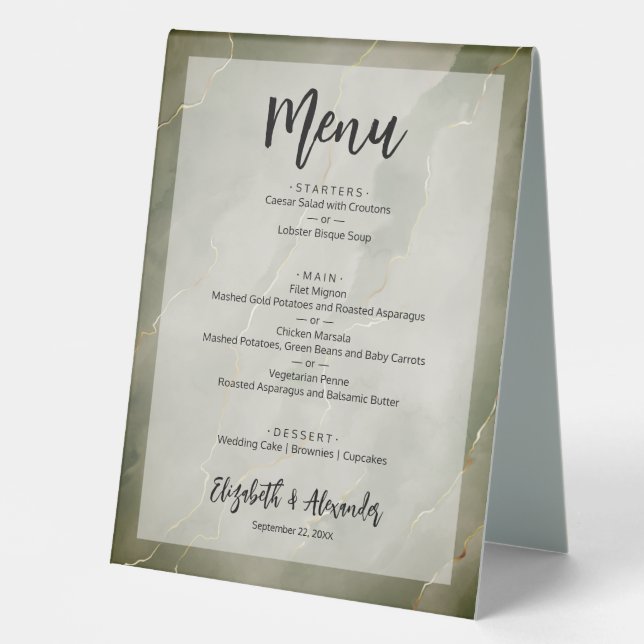 Budget Dark Green Gold Marble Wedding Menu (Front)