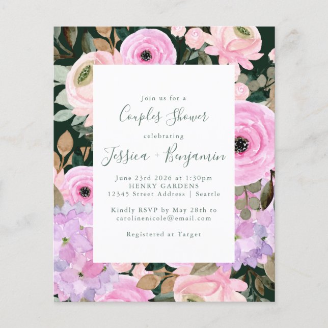 Budget Dark Green Lilac Botanical Couples Shower   (Front)
