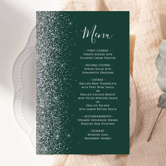 Budget Dark Green Silver Glitter Wedding Menu (Creator Uploaded)