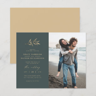 Budget Dark Teal & Branch Wedding Photo Invitation