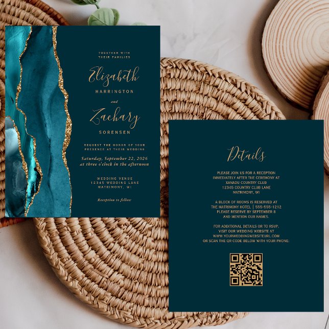 Budget Dark Teal Gold Agate QR Code Wedding (Creator Uploaded)