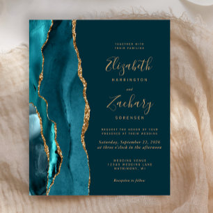 Budget Dark Teal Gold Agate Wedding Invitation
