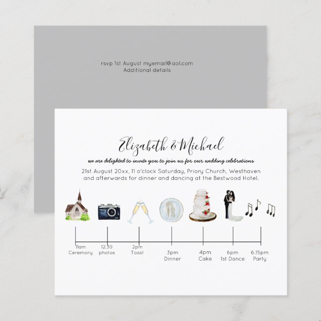 Budget Day of Wedding Timeline Modern Invitations (Front/Back)