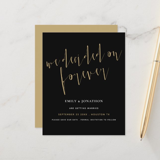Budget Decided on Forever Gold Black Save The Date (Front/Back In Situ)
