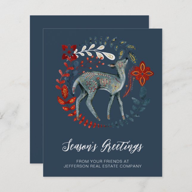 Budget Deer Wreath Nordic Business Holiday Card (Front/Back)