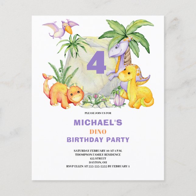 Budget Dinosaur 4th Birthday Invitation Flyer (Front)