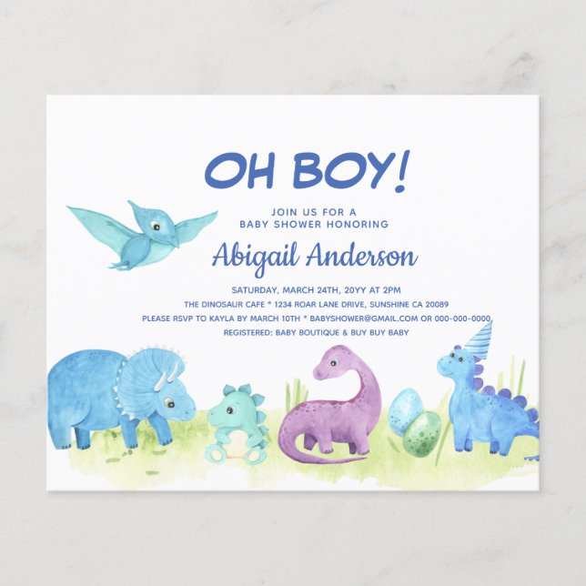 BUDGET Dinosaur Oh Boy Baby Shower Invitation Flyer (Front)