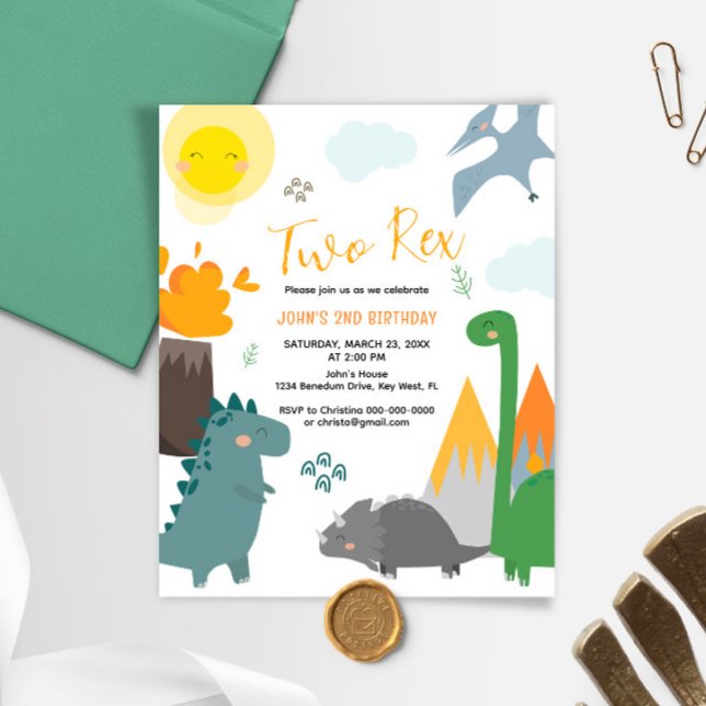 Budget Dinosaur Two Rex 2nd Birthday Invitation (Creator Uploaded)