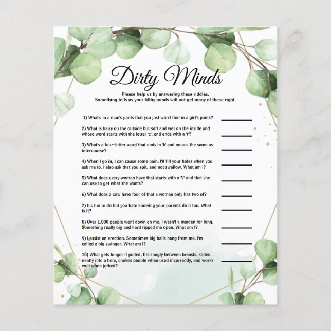 Budget Dirty Minds Bridal Shower Game Cards (Front)