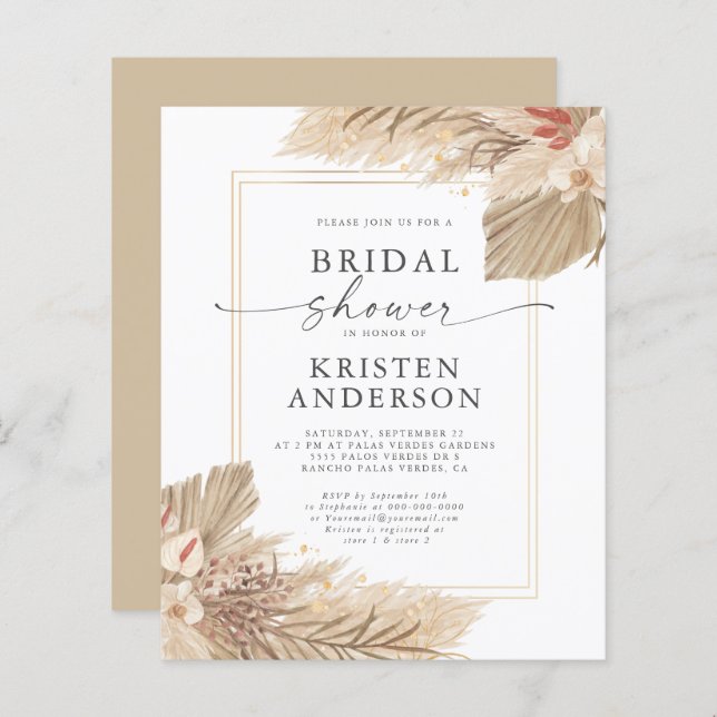 Budget Dried Palm Watercolor Bridal Shower Invite (Front/Back)