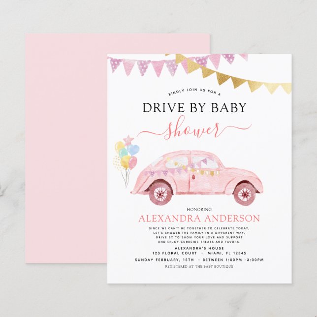 Budget Drive By Baby Shower Blush Pink Gold Foil (Front/Back)