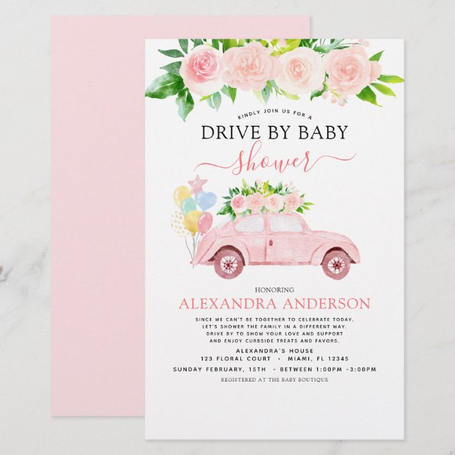 Budget Drive By Baby Shower Floral Blush Pink (Front/Back)