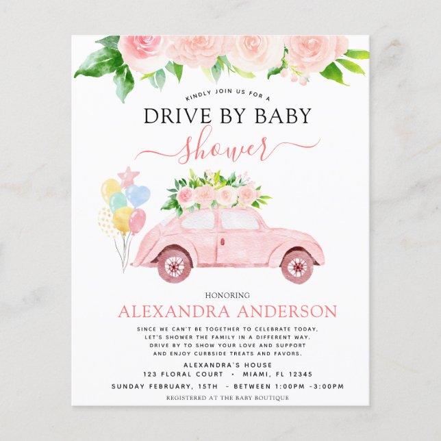 Budget Drive By Baby Shower Floral Blush Pink Flyer (Front)